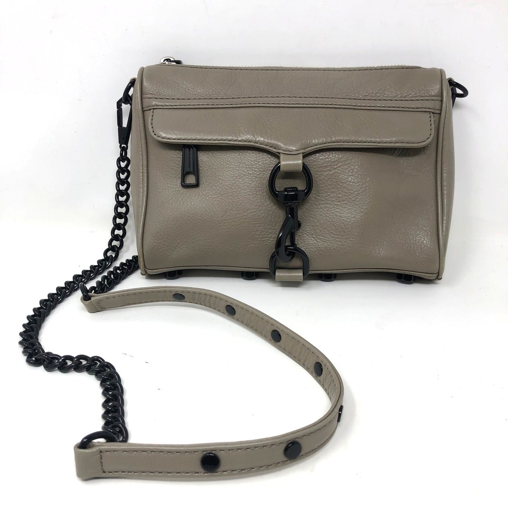 Rebecca Minkoff Mini MAC Crossbody Bag Taupe Black Hardware Leather Clutch